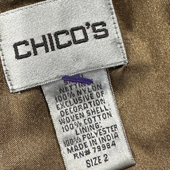 Chicos Beaded Jacket Size 2 US L Brown Netted Open Front Sequin Overlay FLAW - Picture 6 of 7